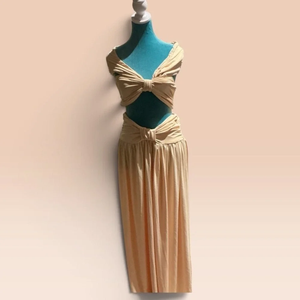 Vintage Style 2 Piece Set Peach Grecian Maxi Skirt and Knot Crop Top Peach Small